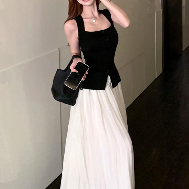High Button Top Maxi Rise / Tank Skirt A-Line Square Neck Plain