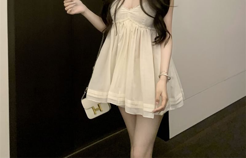 Sundress Spaghetti Trim Lace Strap V-Neck Mini Plain