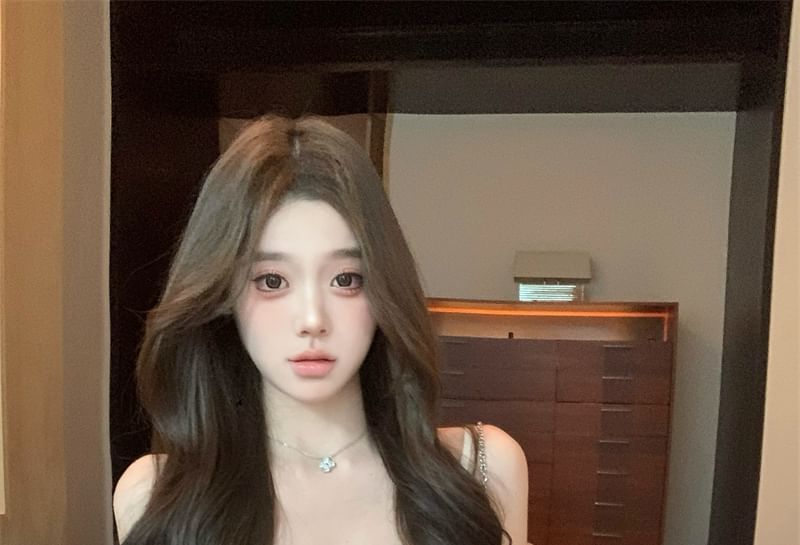 Sundress Spaghetti Trim Lace Strap V-Neck Mini Plain