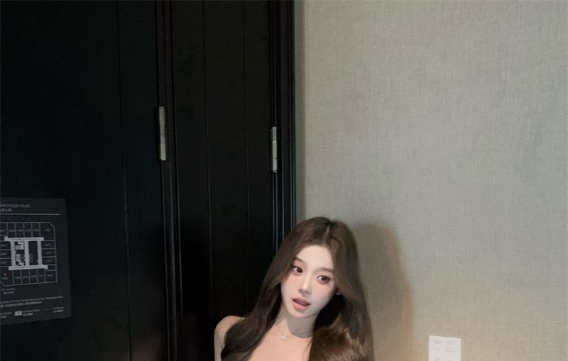 Sundress Spaghetti Trim Lace Strap V-Neck Mini Plain