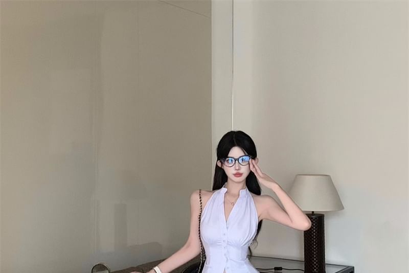 High Striped Shirt Skirt Pencil Rise Button-Up Sleeveless Mini V-Neck /