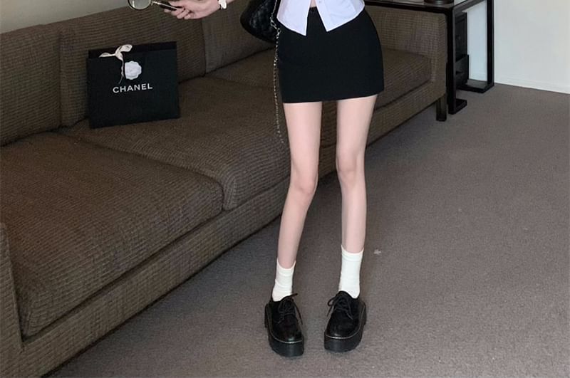 High Striped Shirt Skirt Pencil Rise Button-Up Sleeveless Mini V-Neck /