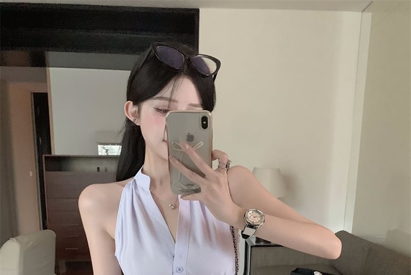 High Striped Shirt Skirt Pencil Rise Button-Up Sleeveless Mini V-Neck /