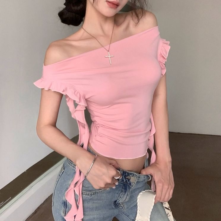Off-Shoulder Plain Ruffled Crop T-Shirt