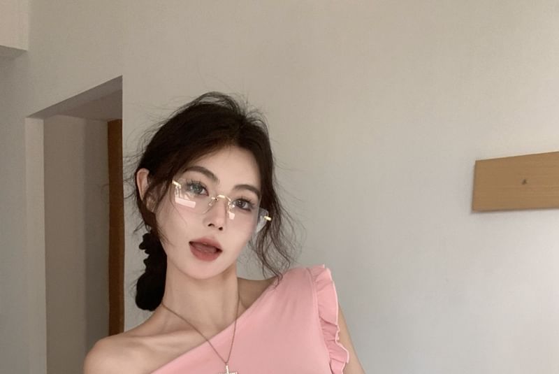 Off-Shoulder Plain Ruffled Crop T-Shirt