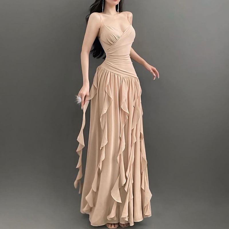 V-Neck Spaghetti Strap Solid Ruffle Ruched Wrap A-Line Maxi Dress