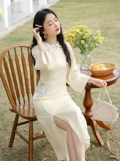 3/4-Sleeve Peter Pan Collar Floral Embroidered Slit Midi A-Line Dress