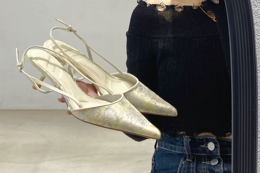 Kitten Heel Jacquard Slingback Toe Pointed Pumps
