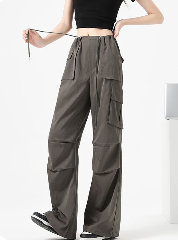 High Waist Drawstring Pocket Parachute Cargo Pants