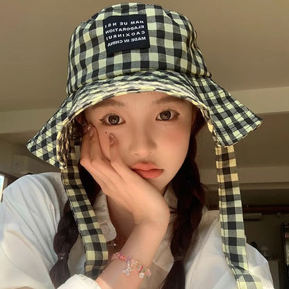 Checkered Cotton Bucket Hat With Chin Strap