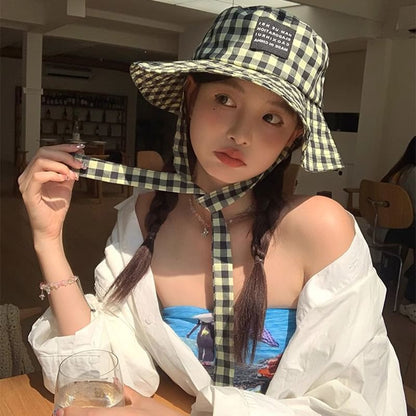 Checkered Cotton Bucket Hat With Chin Strap