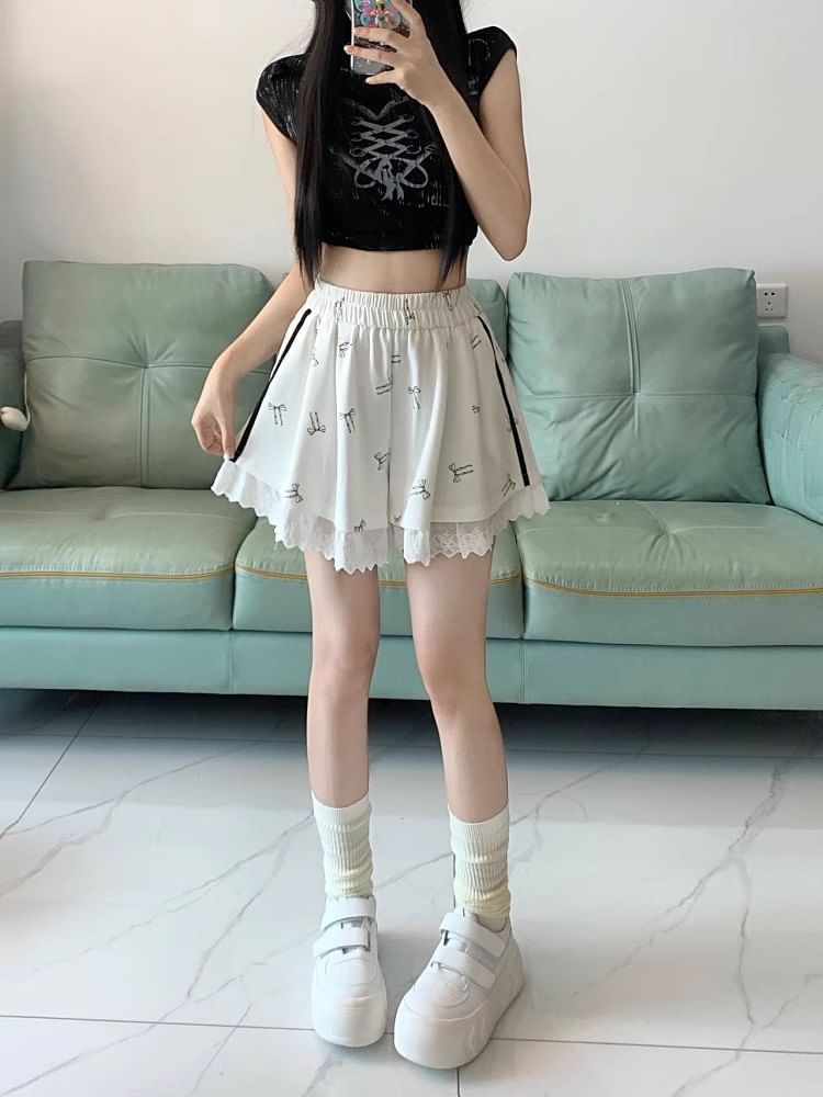 Elastic Waist Bow Print Panel Ruffle Sweat Shorts