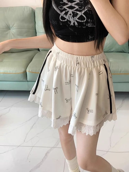 Elastic Waist Bow Print Panel Ruffle Sweat Shorts