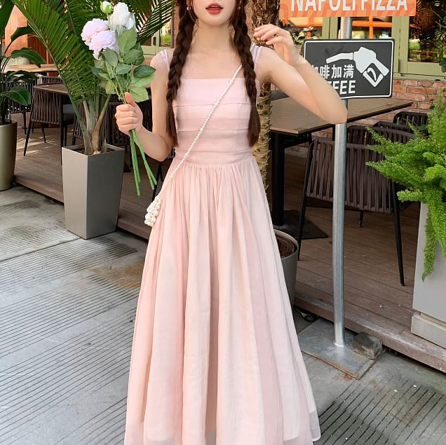 A-Line Plain Maxi Dress Neck Square Spaghetti Strap