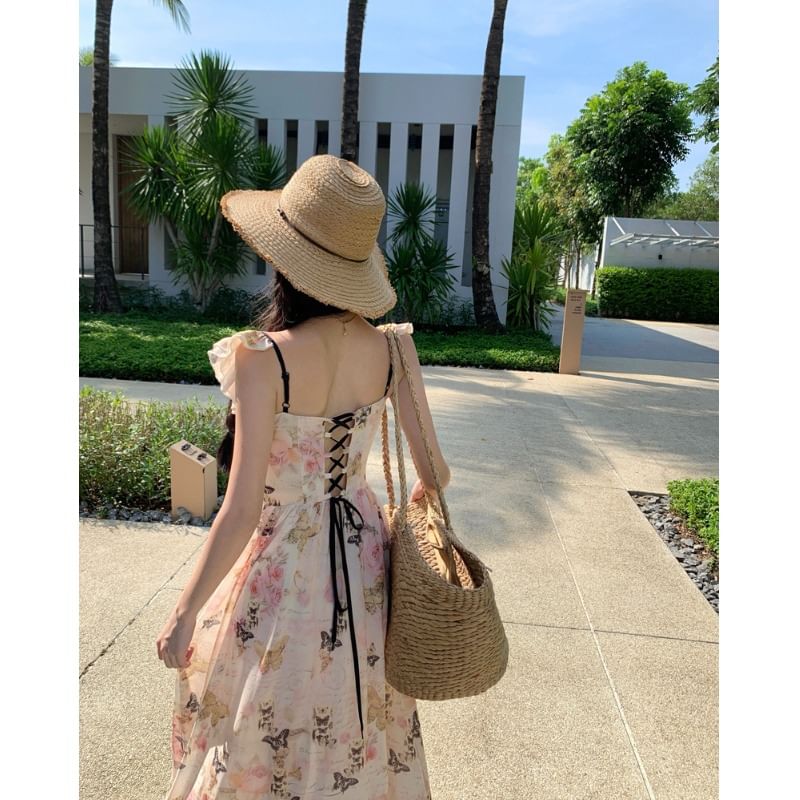 Ruffle Strap Floral Print Slit Midi Sundress