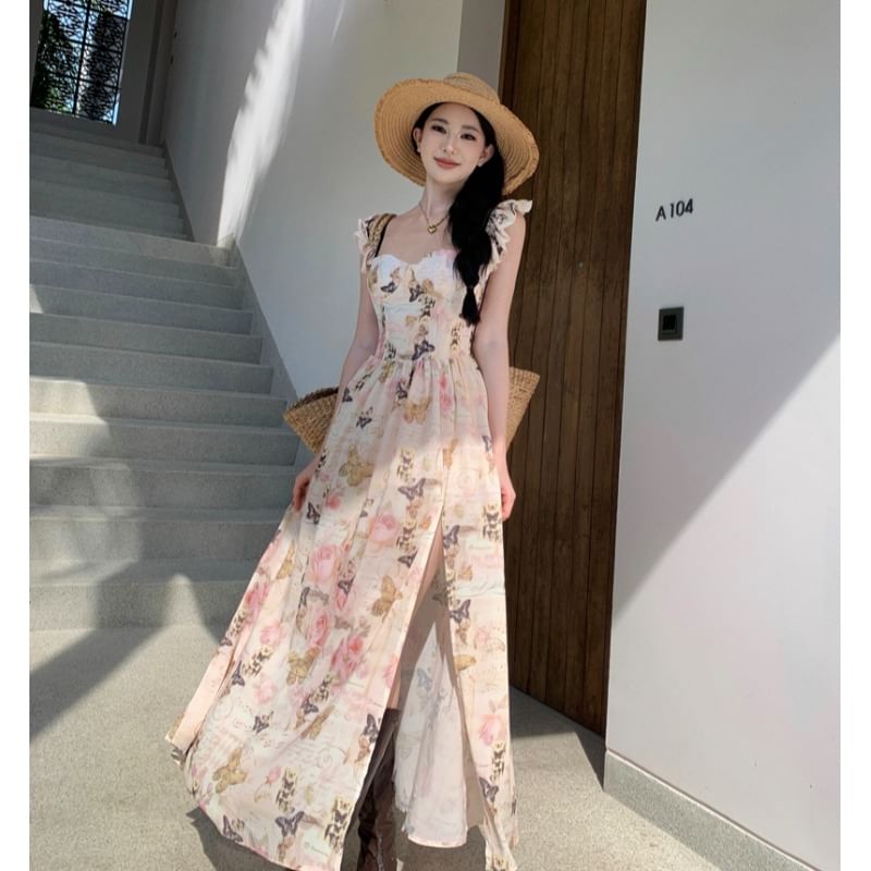 Ruffle Strap Floral Print Slit Midi Sundress