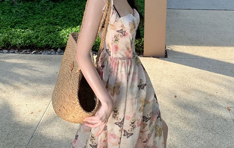 Ruffle Strap Floral Print Slit Midi Sundress