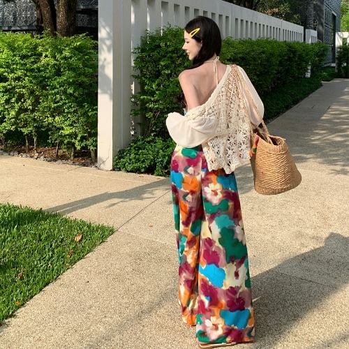 Plain Button-Up Jacket / High Rise Floral Print Wide Leg Pants