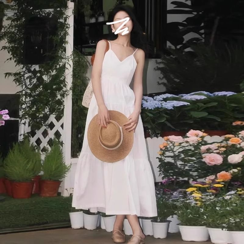 Thin Strap V-Neck Solid Maxi A-Line Dress