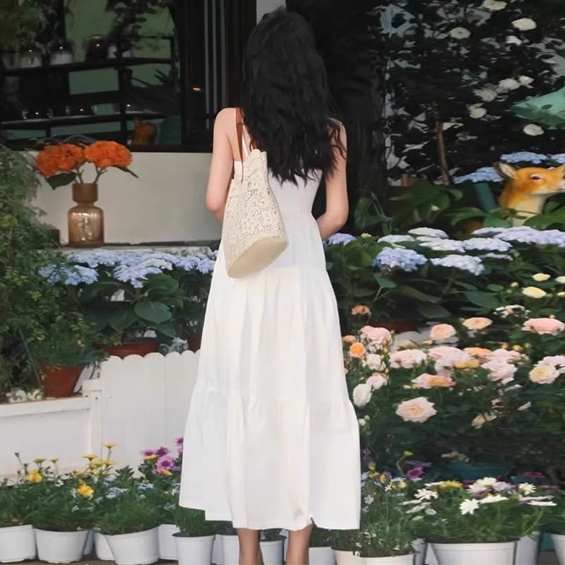 Thin Strap V-Neck Solid Maxi A-Line Dress