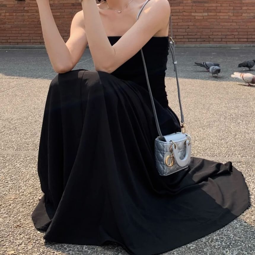 Square Neck Spaghetti Strap Solid Crinkle Open Back A-Line Maxi Dress