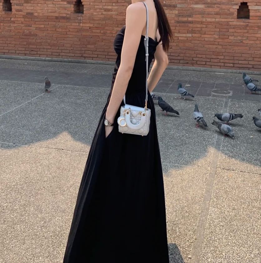 Square Neck Spaghetti Strap Solid Crinkle Open Back A-Line Maxi Dress
