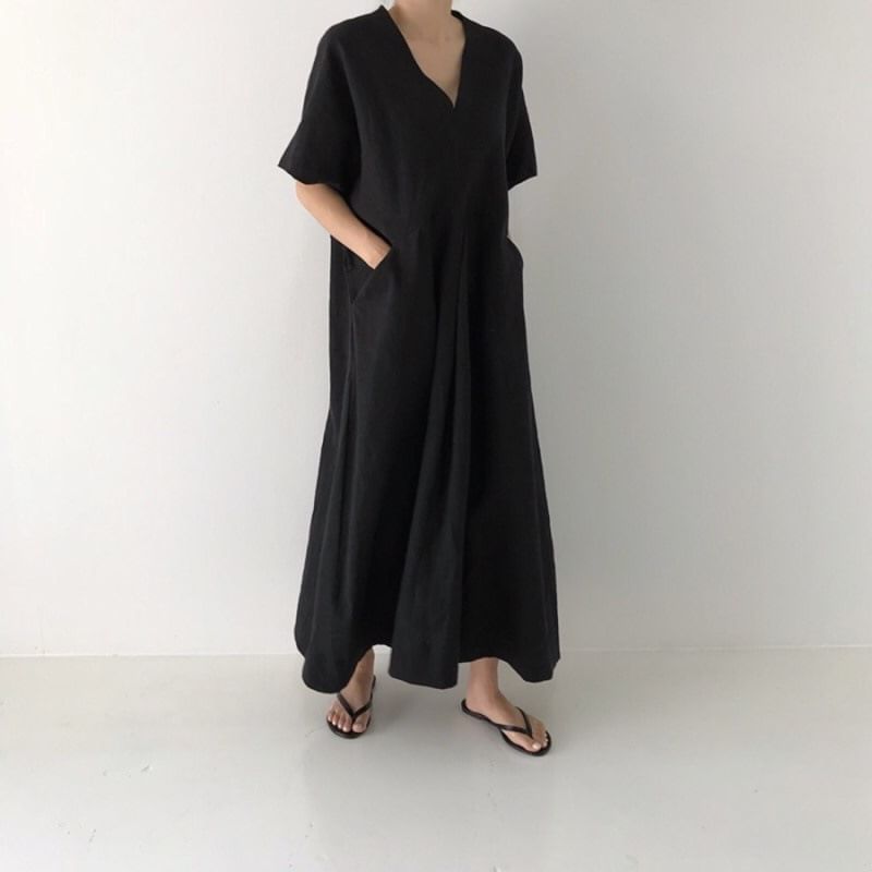 V-Neck Short-Sleeve Solid Sundress Maxi