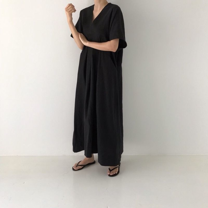 V-Neck Short-Sleeve Solid Sundress Maxi