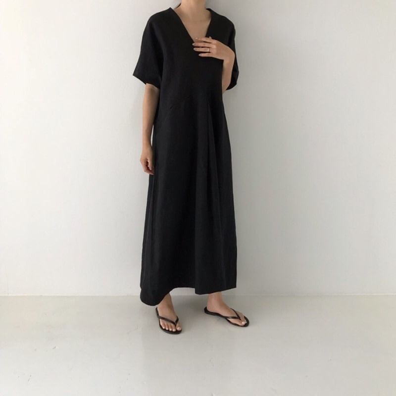 V-Neck Short-Sleeve Solid Sundress Maxi