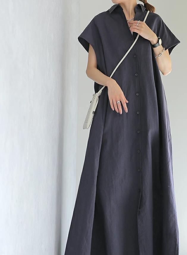 Short-Sleeve Solid Shirt Maxi Dress