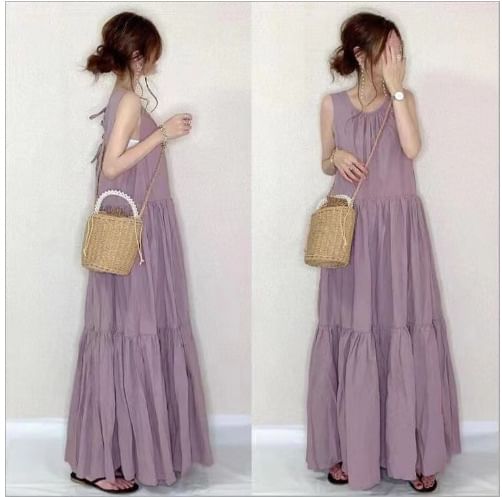 Scoop Neck Sleeveless Solid Sundress Maxi