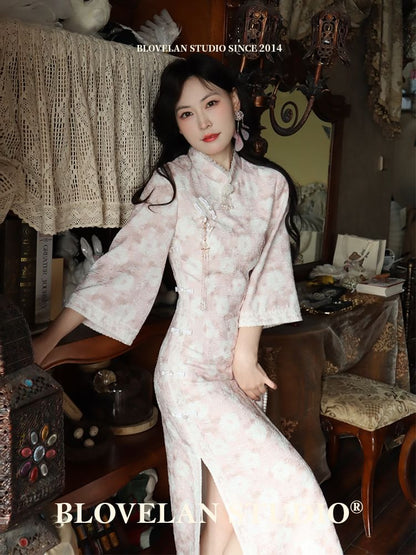 3/4-Sleeve Floral Print Jacquard Lace Trim Frog Buttoned Slit Midi Sheath Qipao