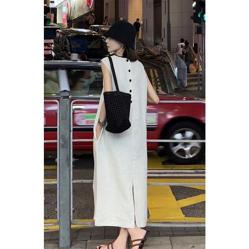 Short-Sleeve Solid Open Back Sundress Maxi