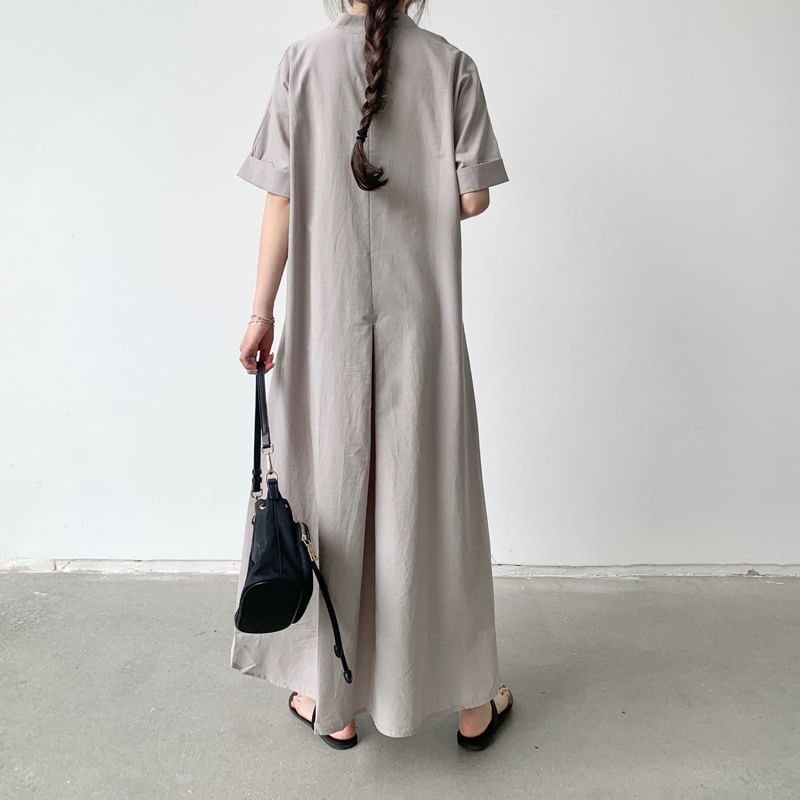 V-Neck Short-Sleeve Solid Slit A-Line Maxi Dress