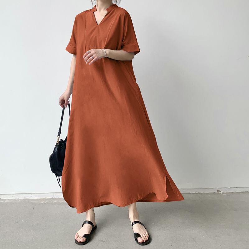 V-Neck Short-Sleeve Solid Slit A-Line Maxi Dress