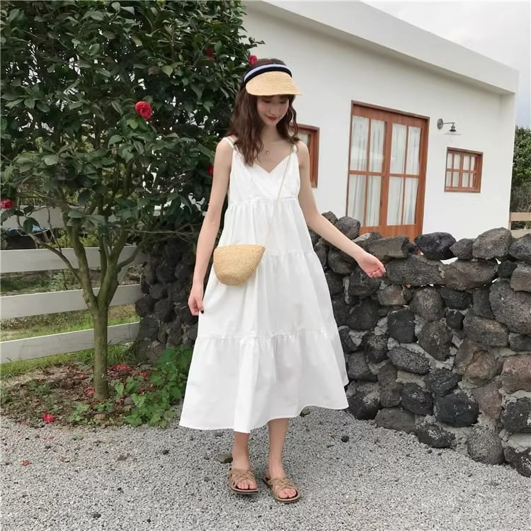 Thin Strap Solid Layered Midi A-Line Dress