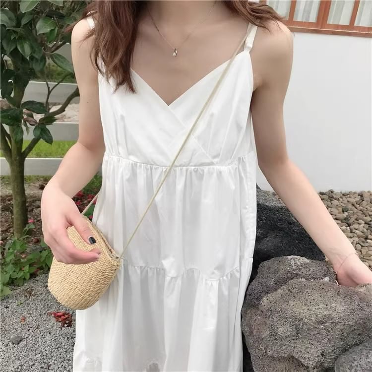 Thin Strap Solid Layered Midi A-Line Dress