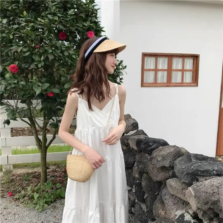 Thin Strap Solid Layered Midi A-Line Dress