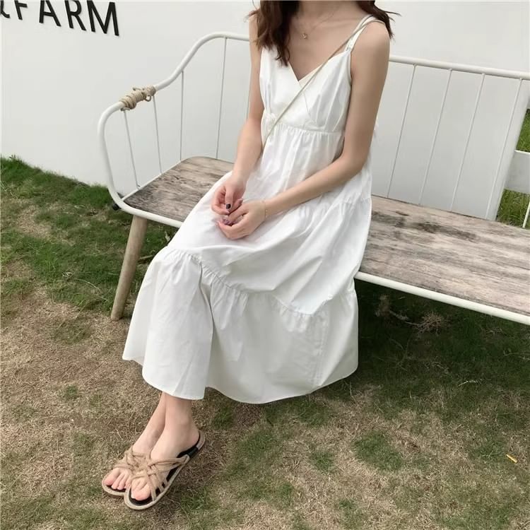 Thin Strap Solid Layered Midi A-Line Dress