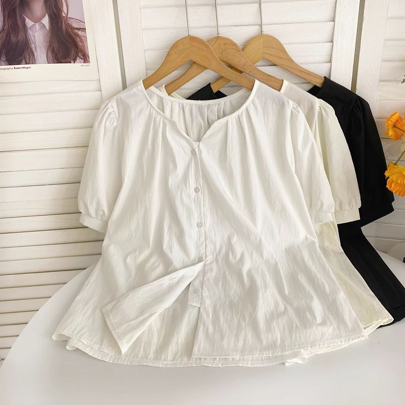 Short-Sleeve V-Neck Ruched Blouse