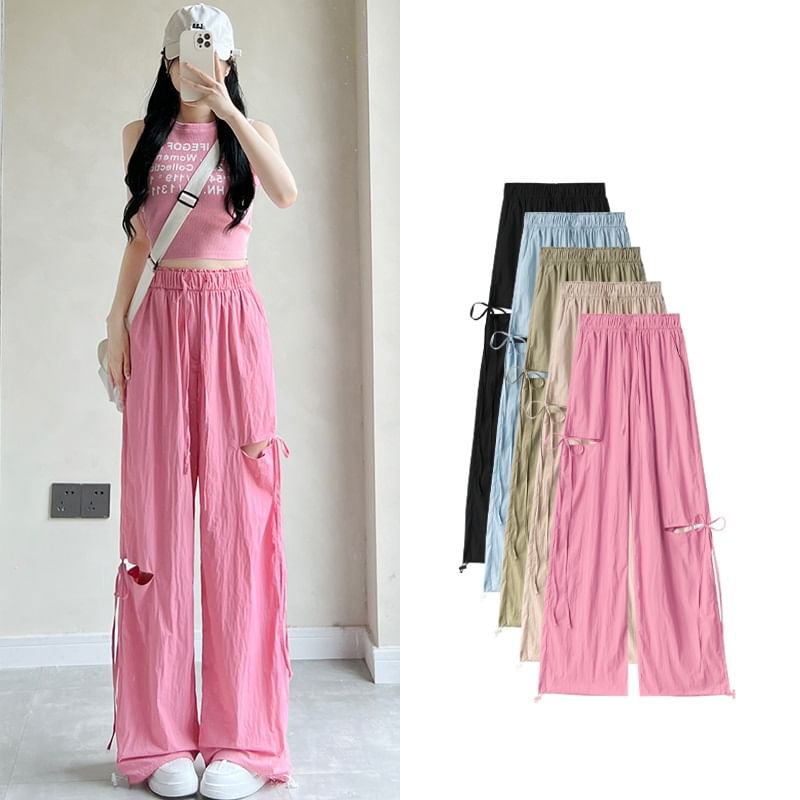 Bow Accent Cutout High Rise Drawstring Wide Leg Sweatpants