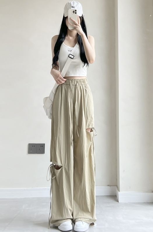 Bow Accent Cutout High Rise Drawstring Wide Leg Sweatpants