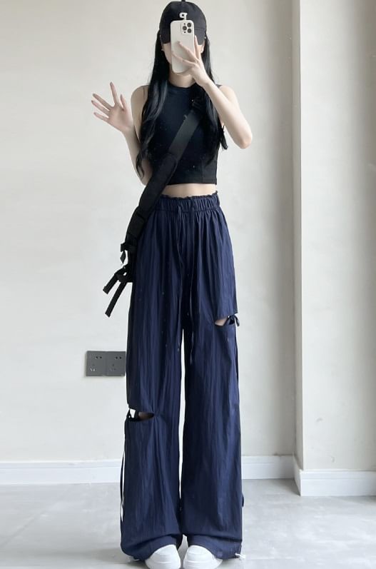 Bow Accent Cutout High Rise Drawstring Wide Leg Sweatpants