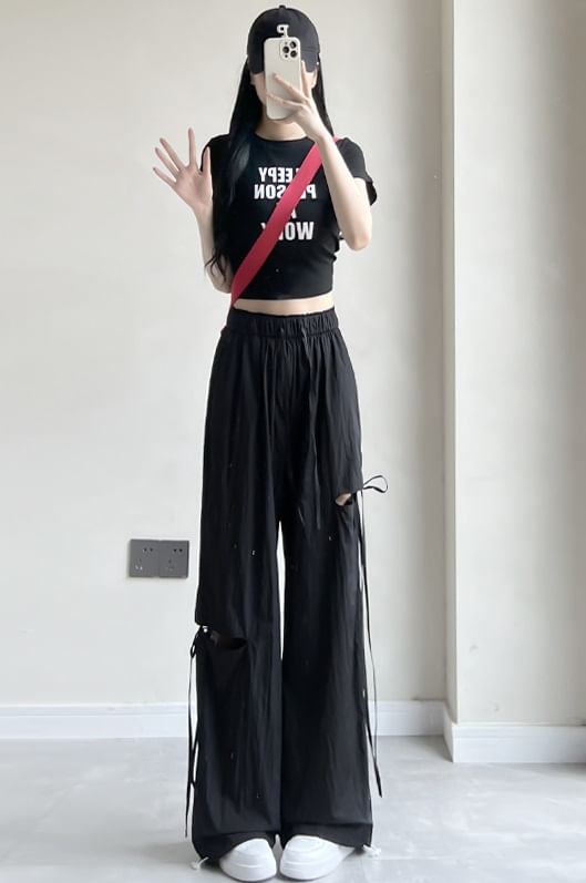 Bow Accent Cutout High Rise Drawstring Wide Leg Sweatpants