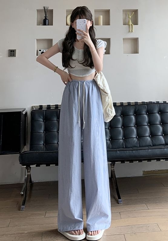 Stripe High Waist Drawstring Wide Leg Sweatpants