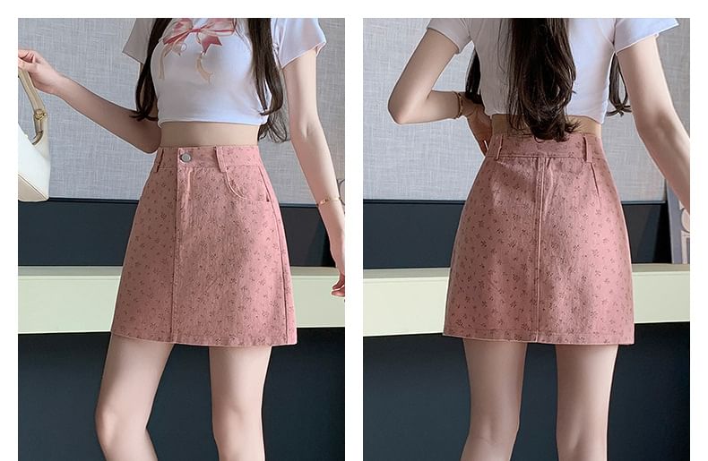 High Waist Floral Denim Mini Pencil Skirt