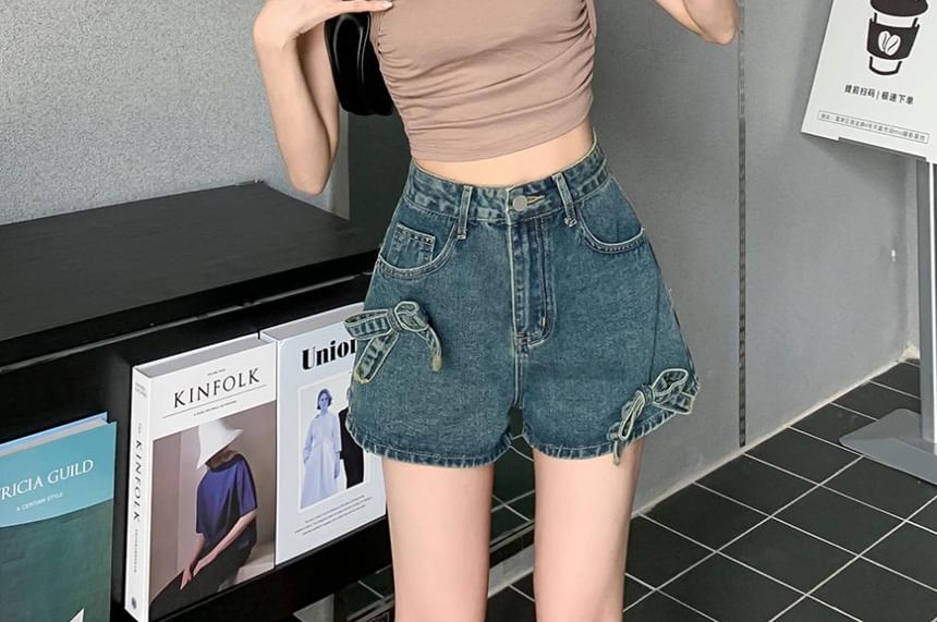 High Waist Bow Denim Shorts