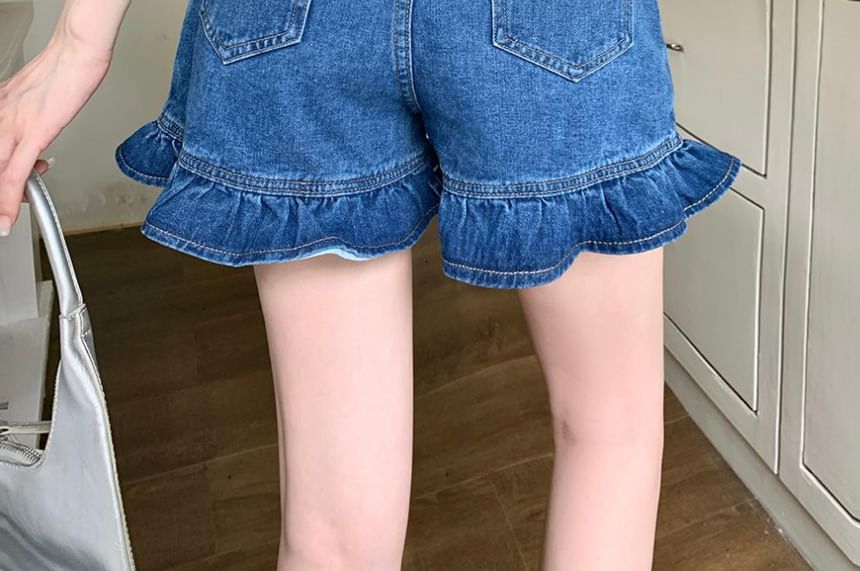 High Waist Ruffle Hem Denim Shorts