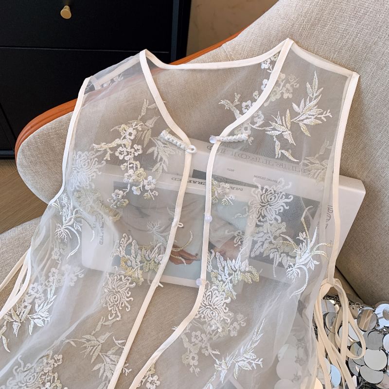 Flower Embroidered Sheer Vest