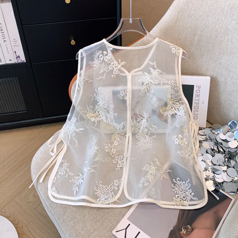Flower Embroidered Sheer Vest
